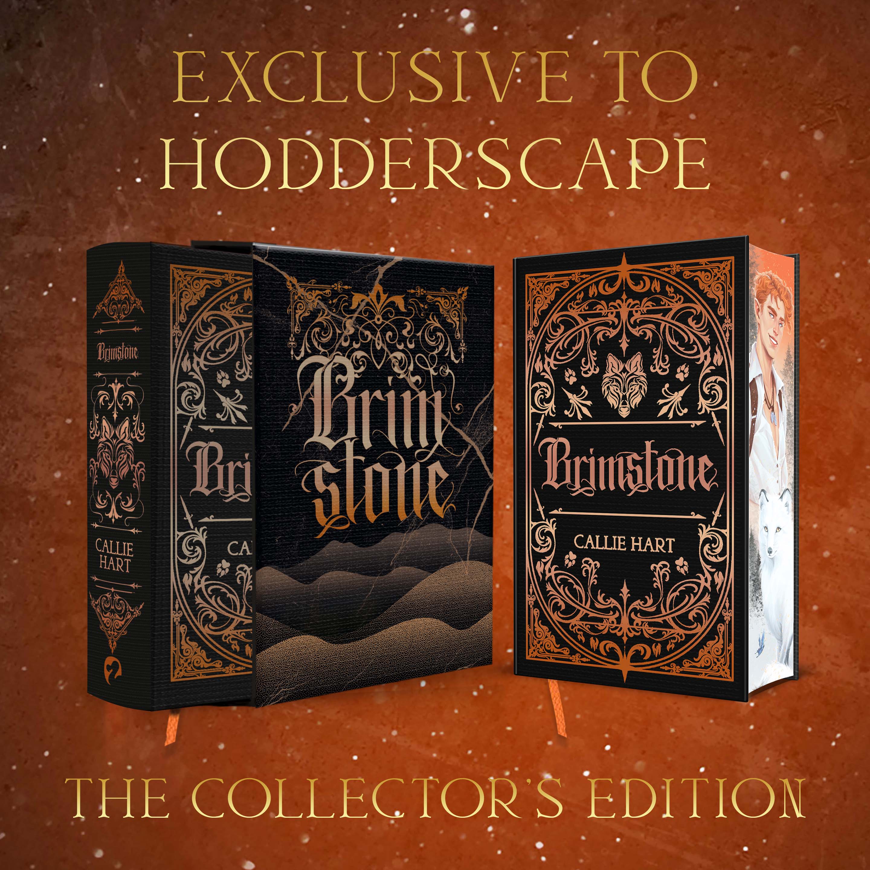 Packshot of Brimstone half in slipcase and packshot of Brimstone showing character art digital edges. Black boards with goldfoil gothic design